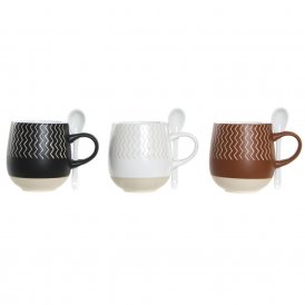 Mug DKD Home Decor White Black Stoneware Enamelled Steel Terracotta (430 ml) (3 pcs)