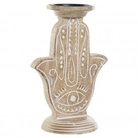Candle Holder DKD Home Decor White Brown Metal Plastic Mango wood Floral Indian Man 17 x 12,5 x 26,5 cm