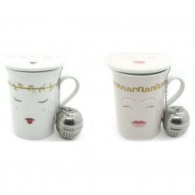 Cup with Tea Filter DKD Home Decor White Pink Stainless steel Porcelain (280 ml) (2 pcs)
