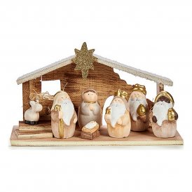Christmas nativity set LED Light 11,5 x 16,5 x 29,5 cm Ceramic Wood Brown White