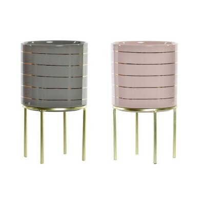Planter DKD Home Decor Ceramic Stripes Metal Green Light Pink (12.2 x 12.2 x 21 cm) (2 pcs)