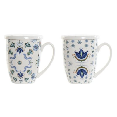 Cup with Tea Filter DKD Home Decor Blue White Stainless steel Porcelain (380 ml) (2 pcs)