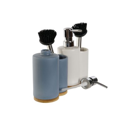 DKD Home Decor 2-i-1 såpedispenser for kjøkkenvasken Bambus Rustfritt stål Dolomite 11, 5 x 6, 18, cm (2 enheter) Hvit