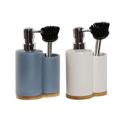 DKD Home Decor 2-i-1 såpedispenser for kjøkkenvasken Bambus Rustfritt stål Dolomite 11, 5 x 6, 18, cm (2 enheter) Hvit
