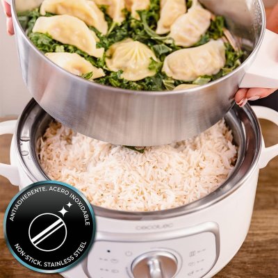 Cecotec Dampkoker SteelPot 1300W, 3 beholdere i stål, auto av, hvit Transparent Rustfritt stål