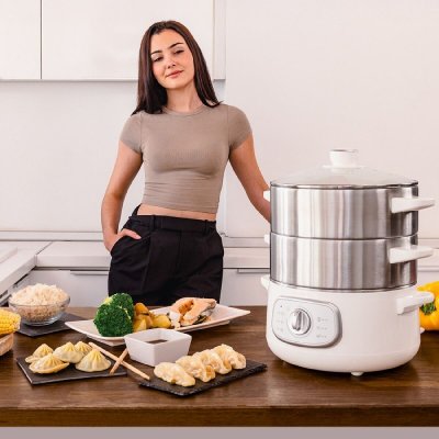 Cecotec Dampkoker SteelPot 1300W, 3 beholdere i stål, auto av, hvit Transparent Rustfritt stål