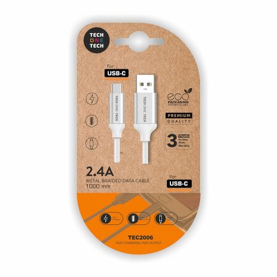 Tech One Tech Tech One USB-C Kabel til USB TEC2006 1 m Hvit Nylon